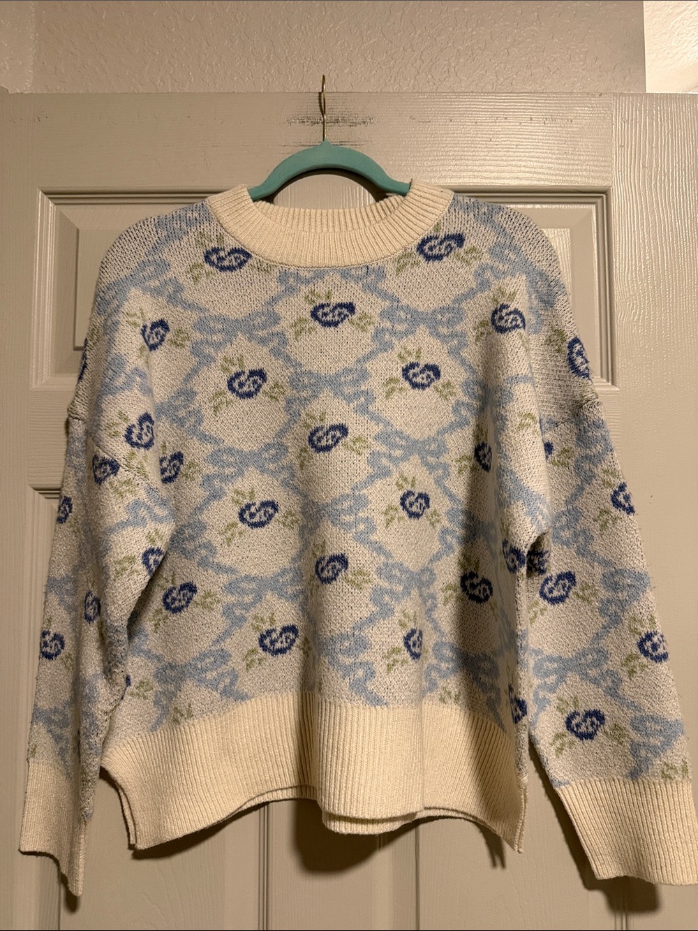 Sincerely Jules Cream Sweater with Light Blue and Navy Floral Pattern, (sold) - Picture 1 of 4